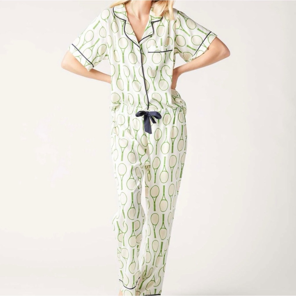Stylish Cream and Green Racket Print Pajama Set
